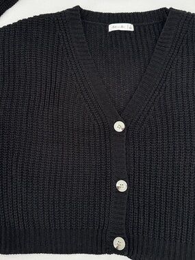 Black Chunky Knit Cropped Cardigan Lg Oversized Grandpa Boxy Sweater